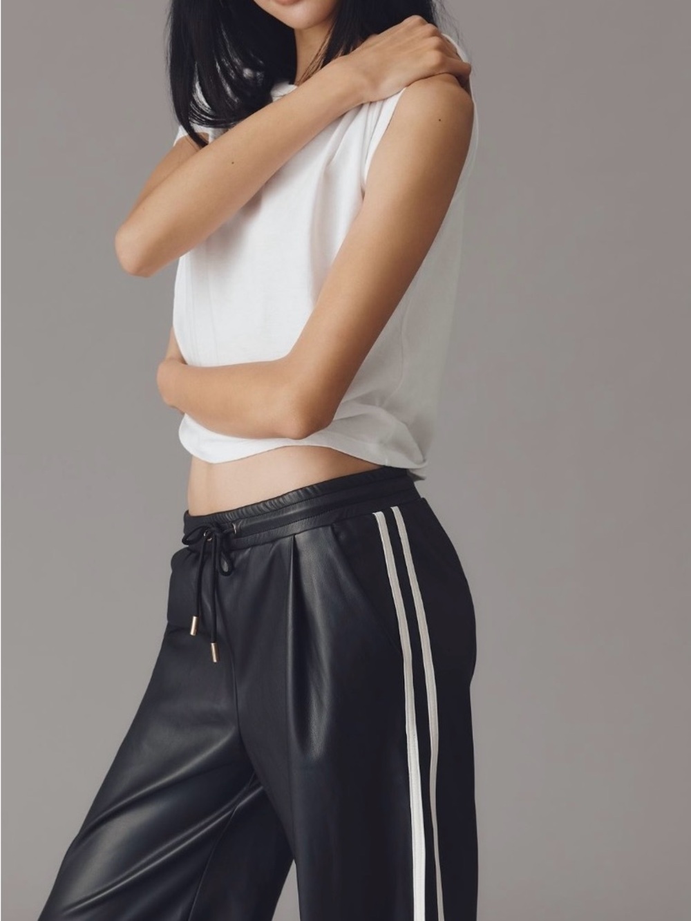 bishop + young Black Faux Leather Track Pants with White Side Stripes Size XS